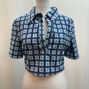 Zara Purple Aqua Pink Geo Floral Crop Button Polo M